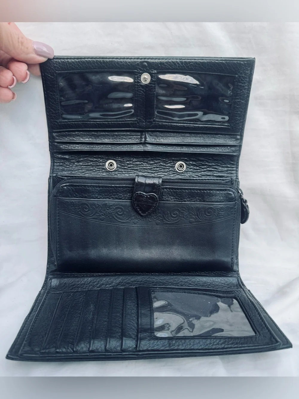 Brighton Black Croc-Embossed Leather Wallet with Silver Scroll Trim